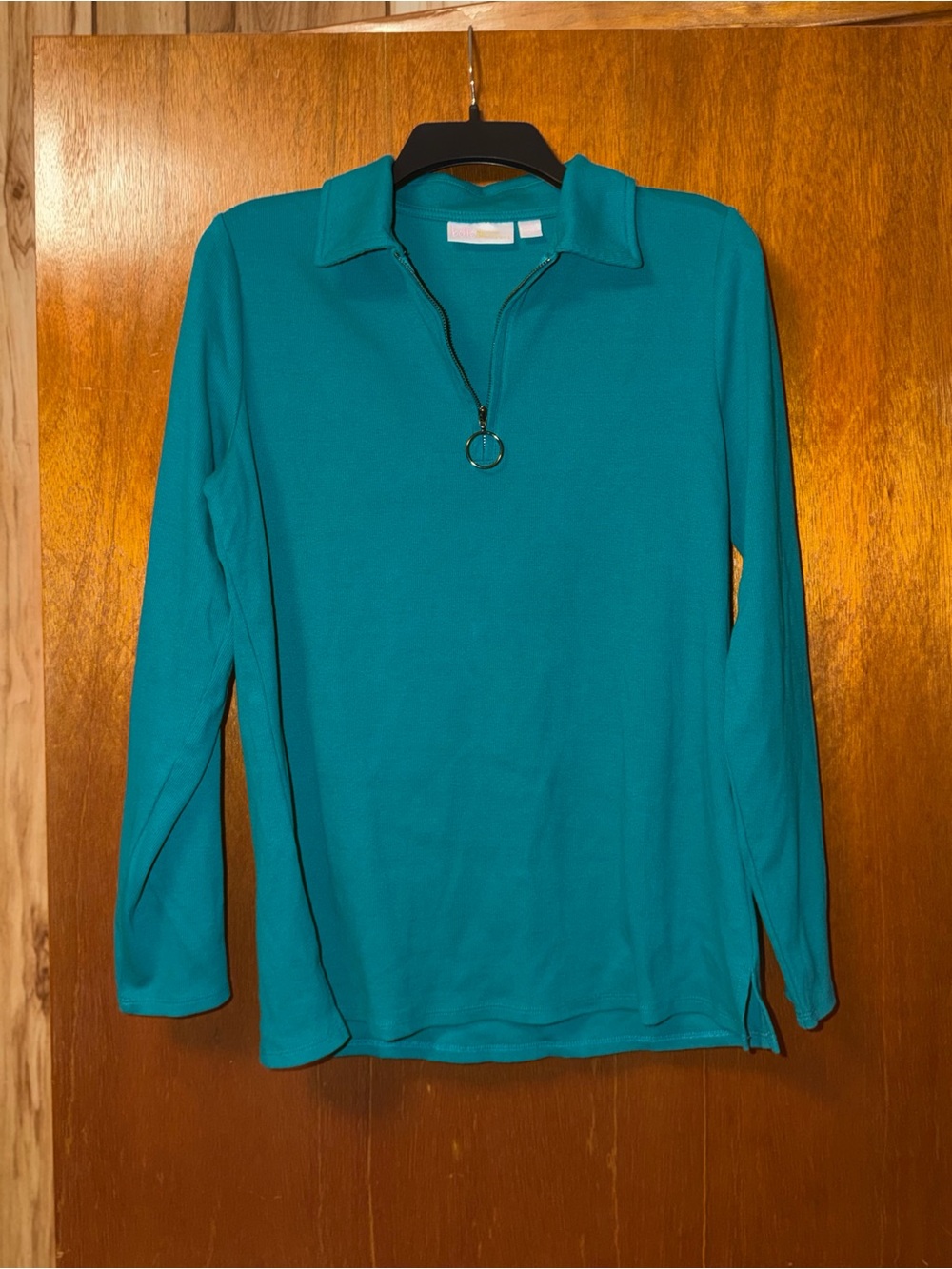 Belle by Kim Gravel Teal V-Neck Long-Sleeve Pullover with Ring-Zip